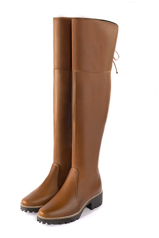 Caramel brown women's leather thigh-high boots. Round toe. Low rubber soles. Made to measure - Florence KOOIJMAN